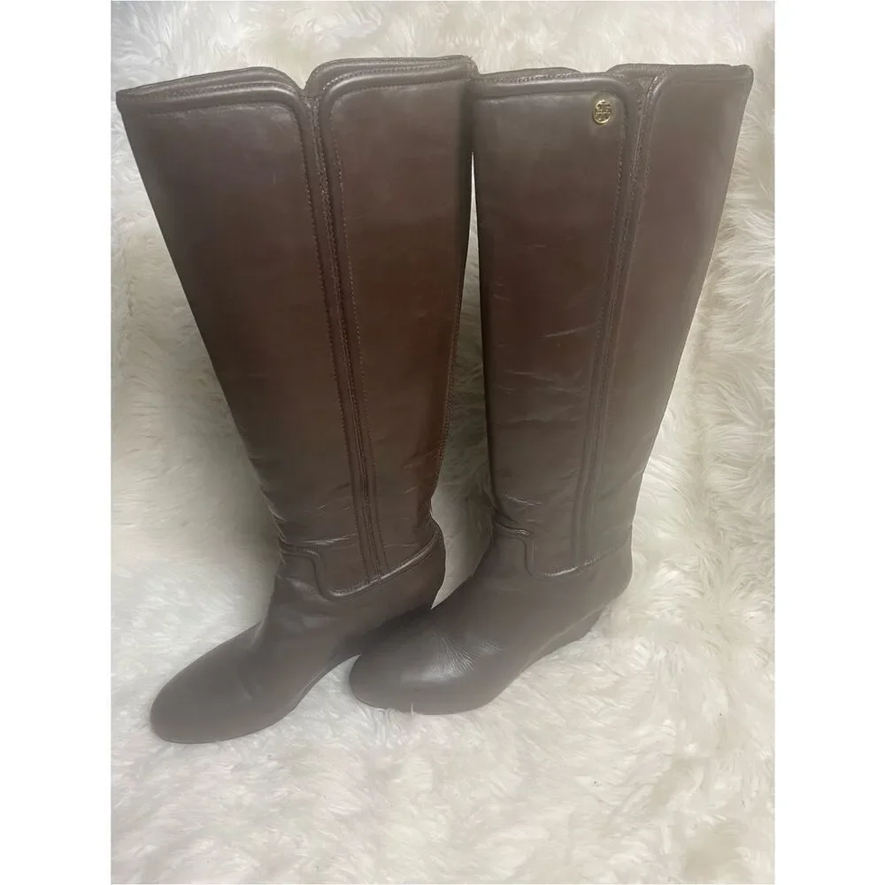 Tory Burch leather Brown Knee-High Wedge Boots back zipper gold tone accent.SZ11